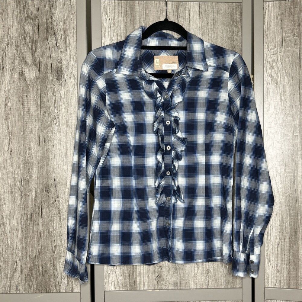 Yaya Top Button Down Shirt Plaid Ruffle Blue and White Size 34